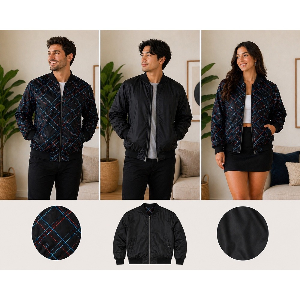 Apple Software Mens Smalll Reversible Bomber‎ Jacket Black Plaid Tech Streetwear